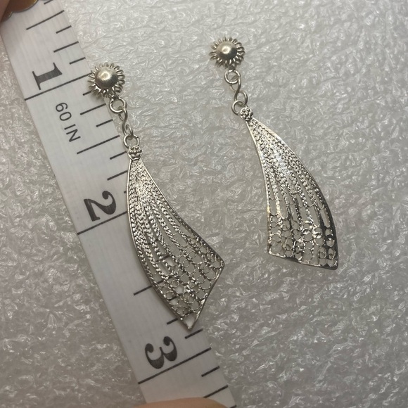 Vtg Sterling Silver Cannetille Filigree Wavy Fan Dangle Stud Earrings 1.9” - Picture 8 of 8